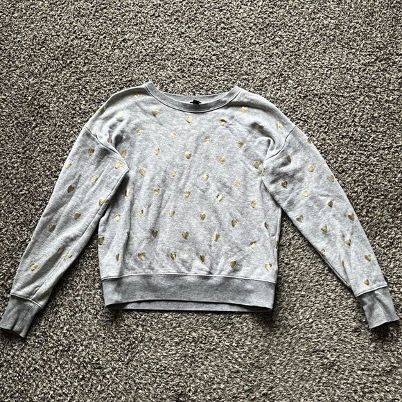 J Crew Sweatshirt Womens Small Gray w/Gold Hearts 100% Cotton Crewneck - Picture 5 of 8